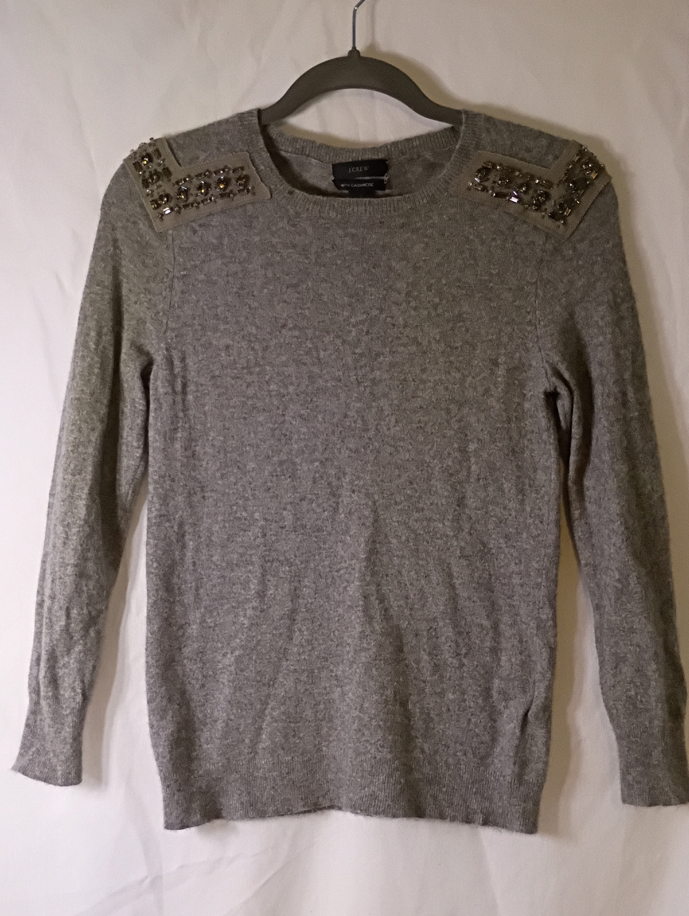 J. Crew Gray Embellished-Shoulder Cashmere-Blend Sweater